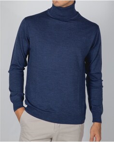 Мужской свитер синего цвета из 100% тонкой шерсти мериноса с высоким воротником Wickett Jones, синий