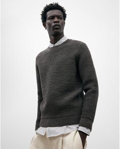 Мужской шерстяной свитер с толстой полоской и круглым вырезом Adolfo Dominguez, темно-каштановый