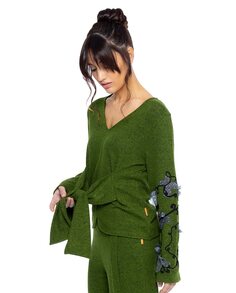 Женский свитер с бантом спереди и длинными рукавами с вышивкой Mamatayoe, зеленый