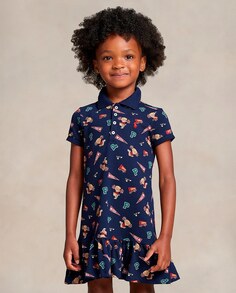 Хлопковое платье для девочки с мишкой-поло Polo Ralph Lauren, темно-синий