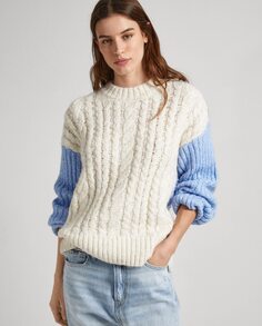 Женский свитер косой вязки с контрастными рукавами Pepe Jeans, белый