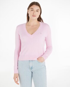 Женский свитер с длинными рукавами и v-образным вырезом Tommy Jeans, светло-розовый