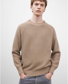 Мужской свитер с круглым вырезом из 100% хлопка светло-бежевого цвета Adolfo Dominguez, коричневый