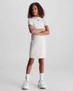 Платье для девочки цвета слоновой кости с короткими рукавами Calvin Klein, кремовый