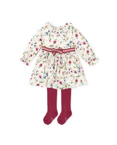 Платье для девочки с принтом и колготками карминного цвета Tutto Piccolo, мультиколор
