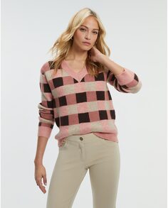 Женский клетчатый свитер с V-образным вырезом Paz Torras, розовый