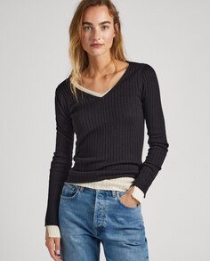 Женский свитер из ребристой ткани с V-образным вырезом Pepe Jeans, черный