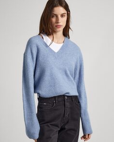 Женский свитер с V-образным вырезом и ребристыми деталями Pepe Jeans, светло-синий