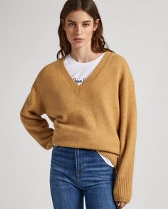 Женский свитер с V-образным вырезом и ребристыми деталями Pepe Jeans, горчичный