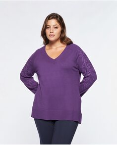 Женский свитер с V-образным вырезом и вышитыми рукавами Fiorella Rubino, фиолетовый