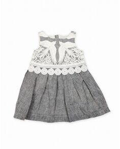 Льняное платье для девочки с вышитым боди из шифона Pan con Chocolate, серый