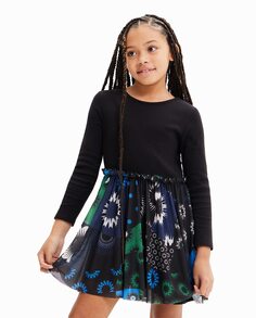 Комбинированное платье для девочки с геометрическими нашивками Desigual, темно-синий