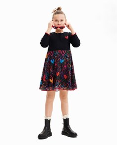 Короткое комбинированное платье для девочки в форме сердечек Desigual, черный