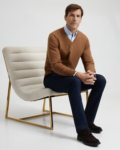 Мужской однотонный свитер с V-образным вырезом 100% меринос Emidio Tucci, светло-коричневый