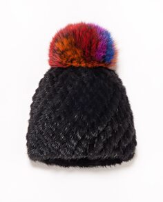 Женская шапка из черного меха норки с помпоном из разноцветного песца Maximilian, черный