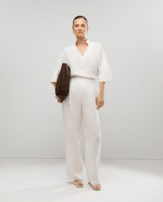 Женские прямые льняные брюки с контрастной строчкой El Corte Inglés, белый