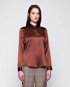 Женская блузка с рубашечным воротником и однотонным принтом Mirto, коричневый