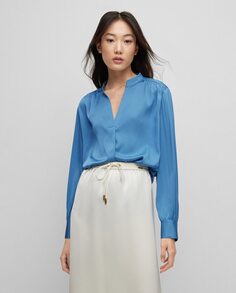Шелковая блузка стандартного кроя с длинными рукавами и резинкой Boss, синий