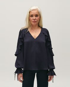 Женская блузка с рюшами и V-образным вырезом Claudie Pierlot, темно-синий