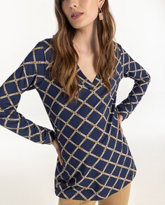 Женская блузка с клетчатым принтом и рубашечным воротником Naulover, темно-синий