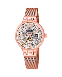 Женские часы F20581/2 Автоматический скелетон из розовой стали Festina, розовый