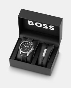 Giftset 1570154 мужские черные кожаные часы-хронограф и комплект браслета Boss, черный