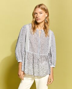Блузка с длинными рукавами и цветочным принтом Southern Cotton, светло-синий