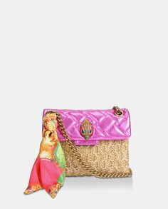Золотая сумка через плечо Mini Kensington из рафии с розовым клапаном Kurt Geiger, золотой