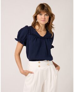 Женская блузка прямого кроя с рукавами-буфами Naf Naf, темно-синий