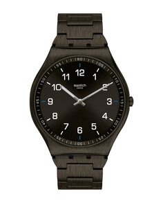 Костюмные часы из черной кожи с черным ремешком из нержавеющей стали Swatch, черный