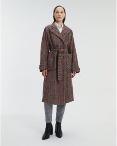 Длинное двубортное женское тканевое пальто с клетчатым принтом Andam, гранатовый
