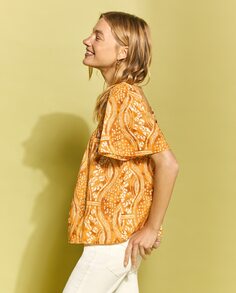 Принтованная блузка с короткими рукавами и рюшами Southern Cotton, светло-коричневый