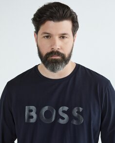Мужская футболка с длинными рукавами и логотипом на груди больших размеров Boss, темно-синий