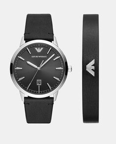 AR80064SET комплект черных кожаных часов и браслета Emporio Armani, черный