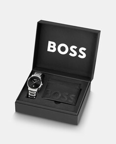 Giftset 1570146 набор стальных мужских часов и визитницы Boss, серебро