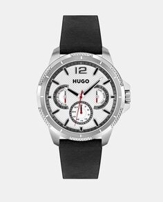 Sport 1530284 многофункциональные черные кожаные мужские часы Hugo, черный
