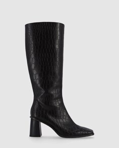 Женские высокие ботинки из кожи под крокодила черного цвета на блочном каблуке Alohas, черный