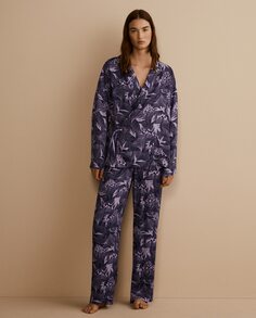 Женский пижамный комплект из длинных брюк и рубашки с длинными рукавами с застежками типа кимоно из вискозы и шелка, с фантазийным принтом и цветочными мотивами Hugo, фиолетовый