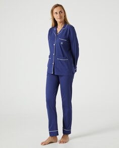 Женская пижама с длинными рукавами, длинными брюками, рубашечный воротник Kiff-Kiff, синий