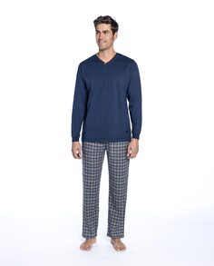 Длинная мужская пижама из трикотажа и виеллы темно-синего цвета Guasch, темно-синий