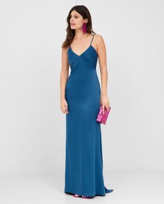 Длинное атласное платье без бретелек Veneno en la piel, синий