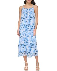 Женское платье миди с круглым вырезом и бретелями DKNY, светло-синий