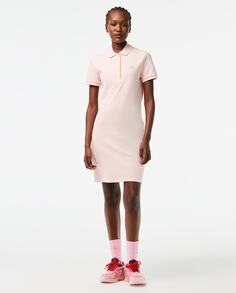 Платье-поло из хлопкового пике стрейч, с короткими рукавами и воротником-поло в рубчик с четырьмя пуговицами Lacoste, розовый