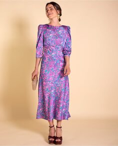 Платье миди с микропринтом и французскими рукавами The-Are, фиолетовый