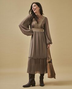 Платье миди с длинными рукавами и вышивкой NKN Nekane, коричневый