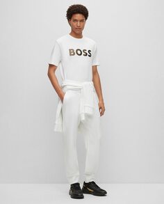 Мужские спортивные штаны из хлопкового флиса с инициалами и логотипом Boss, белый