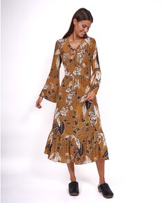 Платье с принтом и длинными расклешенными рукавами Tanuca, коричневый
