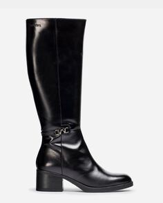 Женские кожаные высокие ботинки с украшением и блочным каблуком Wonders, черный