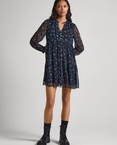 Короткое платье Babydoll с цветочным принтом Pepe Jeans, темно-синий