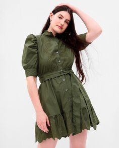 Короткое платье с люверсами и рукавами-буфами Gap, зеленый